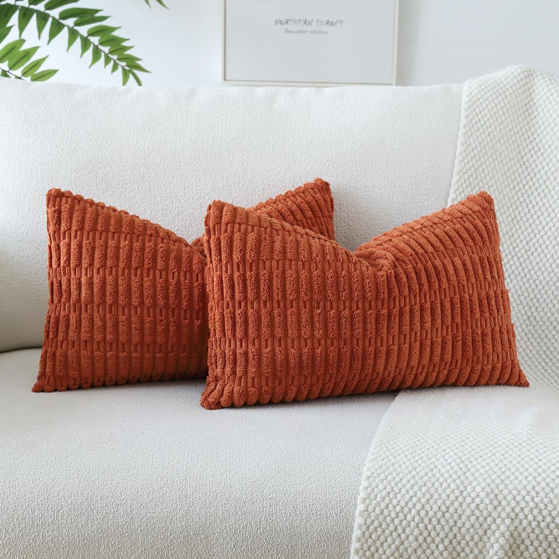 JOTOM Set of 2 Corduroy Soft Striped Cushion Covers 30x50 cm Boho Decorative Throw Pillow Covers Lumbar Cushion Case Couch Home Decor Pillowcases for Sofa Bedroom 12x20 Inch Rust