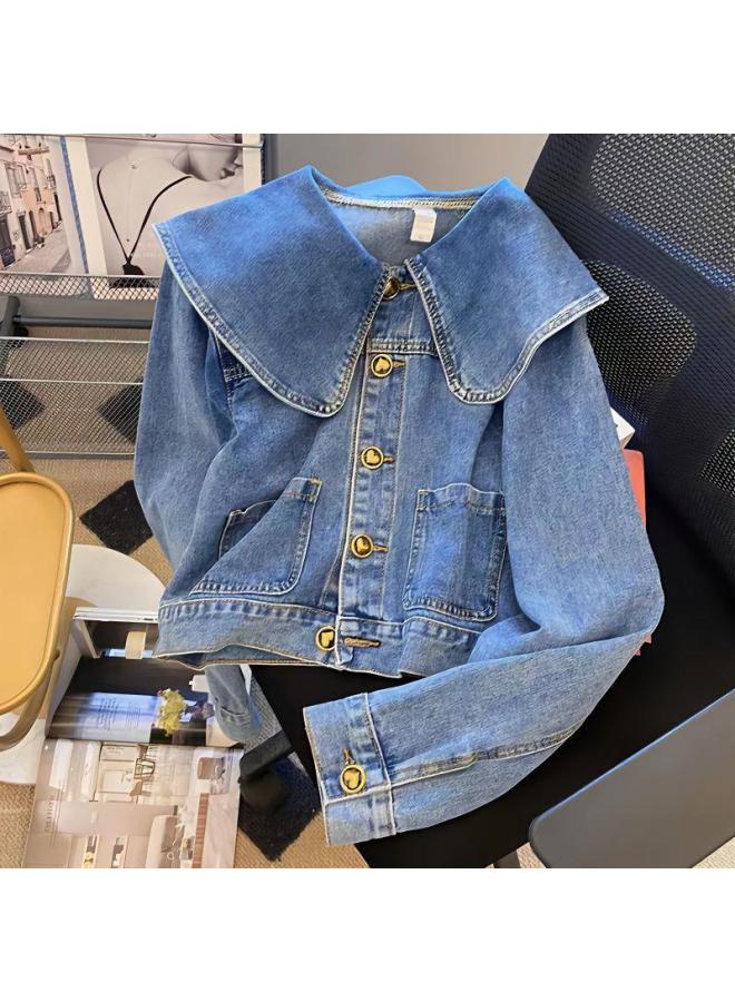 Doll Collar Denim Short Coat For Women 2023 Spring Retro Hong Kong Style Lotus Collar Loose Slimming Jacket Top  - Image 2