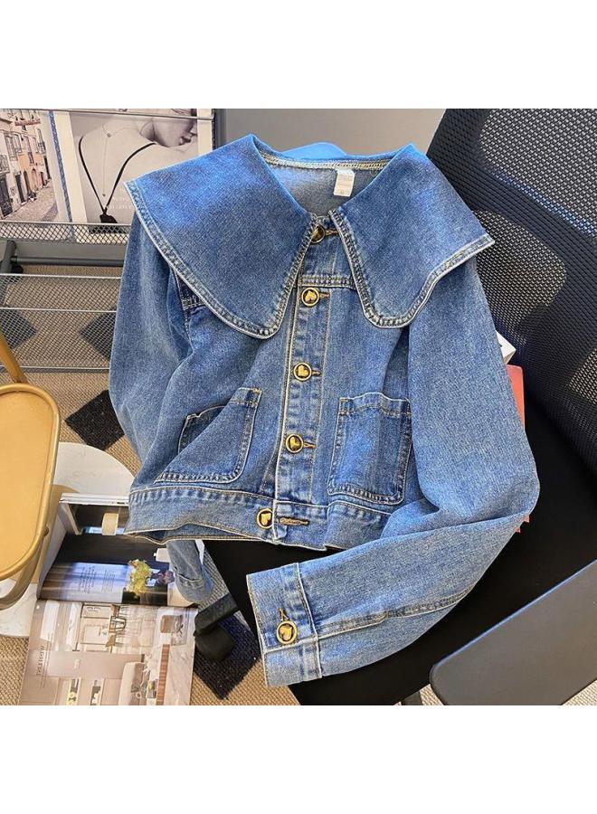 Doll Collar Denim Short Coat For Women 2023 Spring Retro Hong Kong Style Lotus Collar Loose Slimming Jacket Top  - Image 1