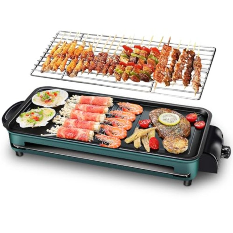 Electric griddle for Korean BBQ and raclette, aluminum nonstick plate, black, smokeless 1500W with adjustable temperature control and extra-large immersible flat cooking surface - Image 1