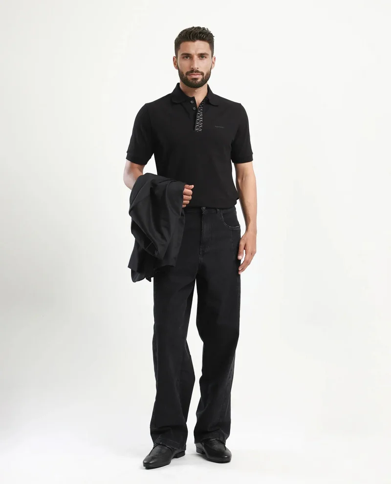 Rare Rabbit Men's Jacquard Placket Solid Cotton Polo
