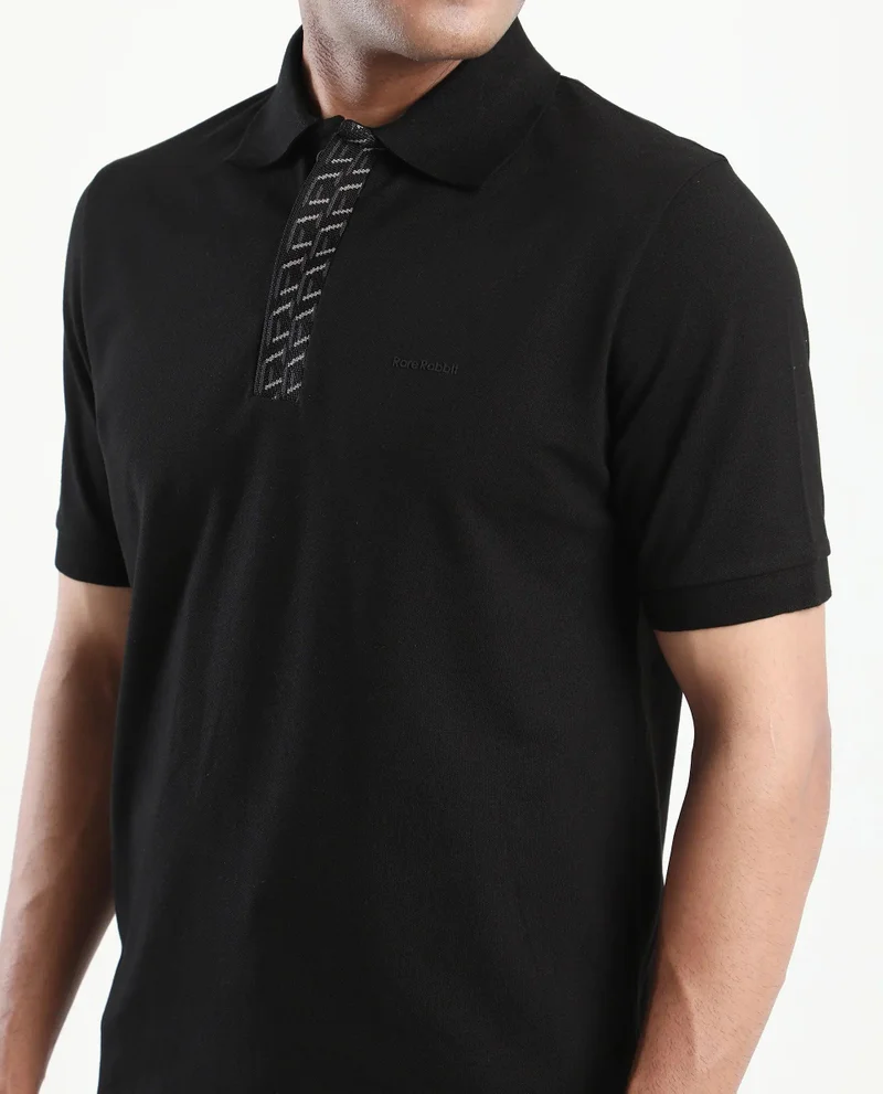 Rare Rabbit Men's Jacquard Placket Solid Cotton Polo