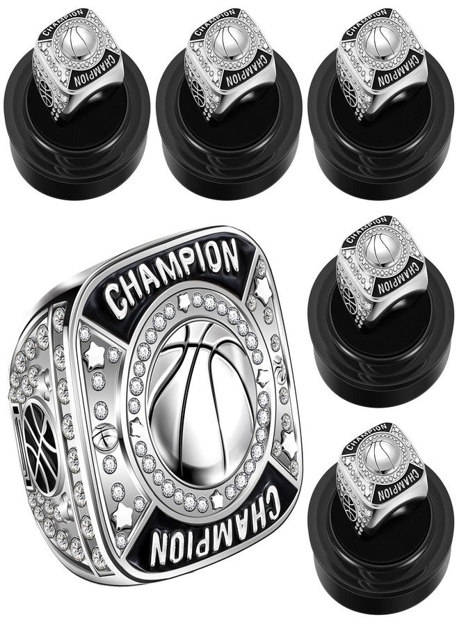 Remuuly 6 Pcs Basketball Championship Rings Basketball Champion Trophy Rings Award Gift Prize with Display Neck Chain and Stand for Tournament or Champion Winner(Silver) - Image 1