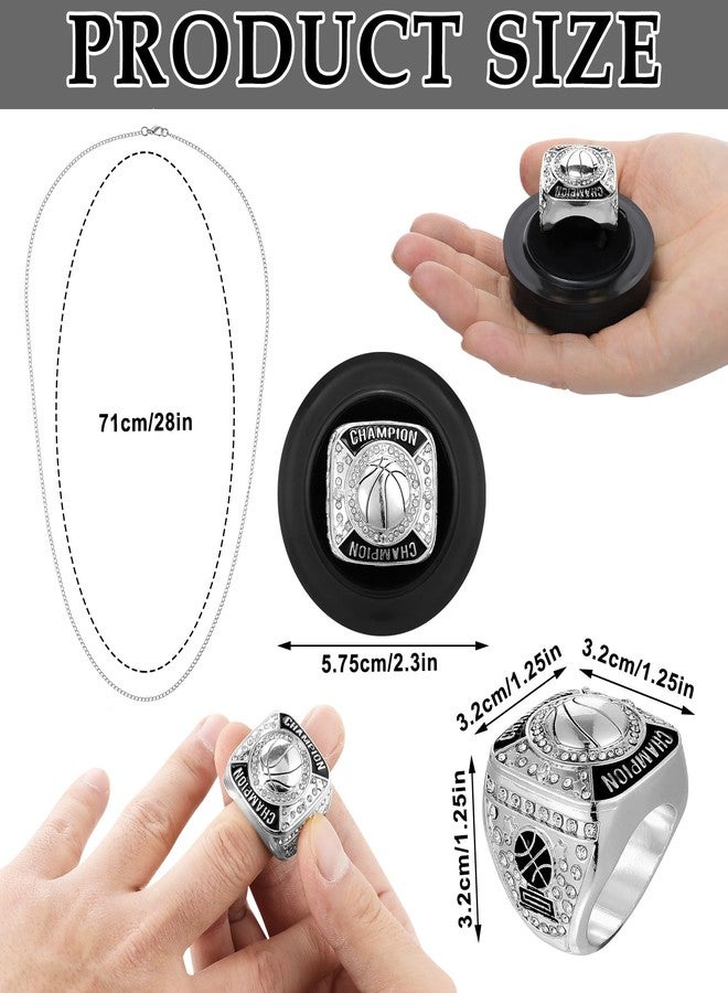 Remuuly 6 Pcs Basketball Championship Rings Basketball Champion Trophy Rings Award Gift Prize with Display Neck Chain and Stand for Tournament or Champion Winner(Silver) - Image 2