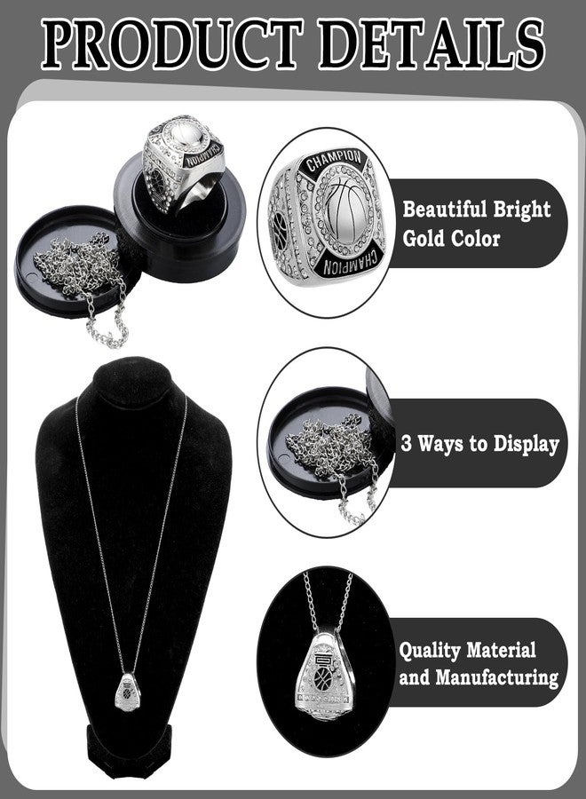 Remuuly 6 Pcs Basketball Championship Rings Basketball Champion Trophy Rings Award Gift Prize with Display Neck Chain and Stand for Tournament or Champion Winner(Silver) - Image 3