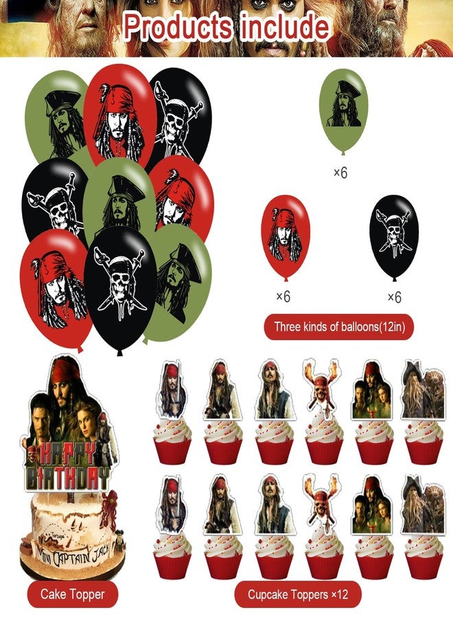 PINUO Pirates of the Caribbean Birthday Party Decorations, Pirates Balloons, Banner, Cake Topper, Cupcake Toppers, Red, 31 Count - Image 3