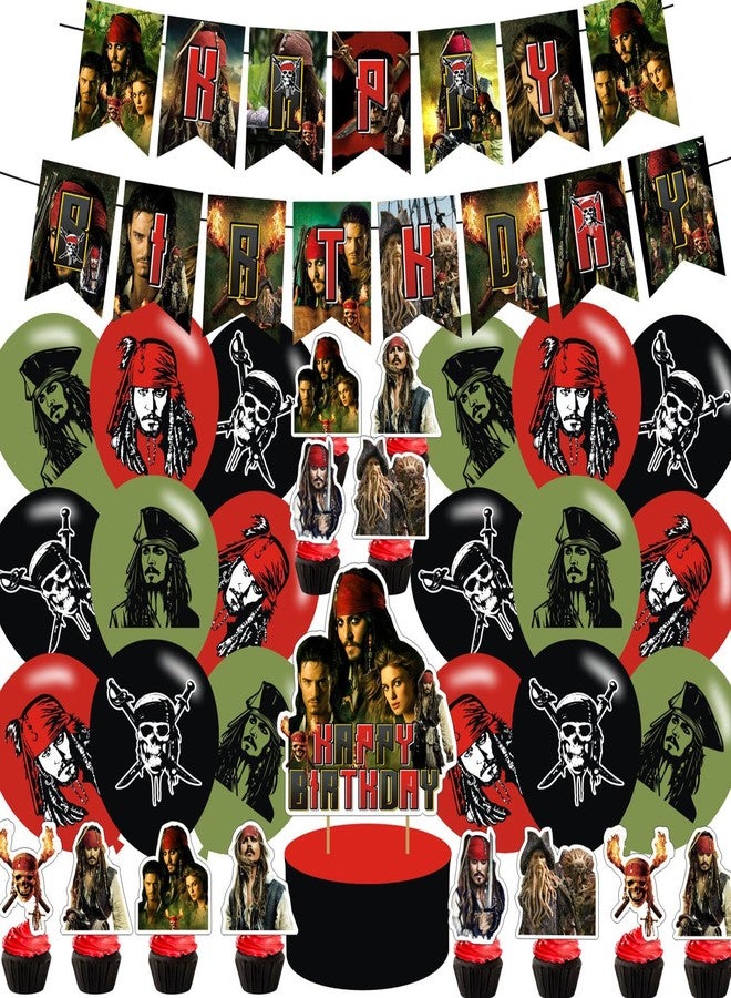 PINUO Pirates of the Caribbean Birthday Party Decorations, Pirates Balloons, Banner, Cake Topper, Cupcake Toppers, Red, 31 Count - Image 1
