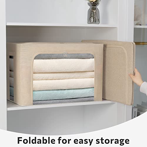 FHSQX 2 Pack Clothes Storage Bins Stackable Metal Frame Storage Box Foldable Linen Fabric Box Organizer with Carrying Handles and Clear Window (Beige, 15.7x 11.8x 11.7 Inch) - Image 3