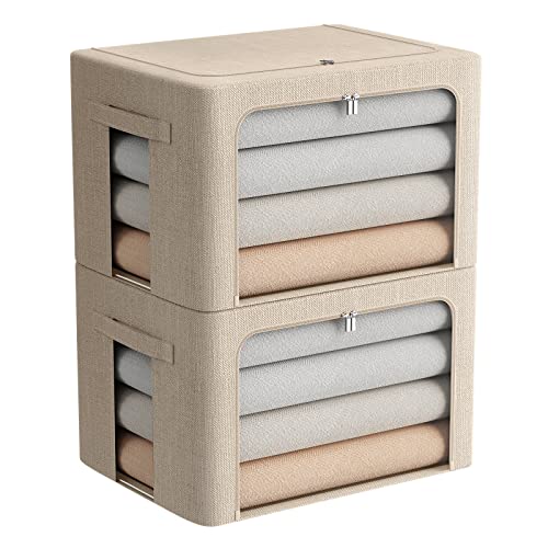 FHSQX 2 Pack Clothes Storage Bins Stackable Metal Frame Storage Box Foldable Linen Fabric Box Organizer with Carrying Handles and Clear Window (Beige, 15.7x 11.8x 11.7 Inch) - Image 1