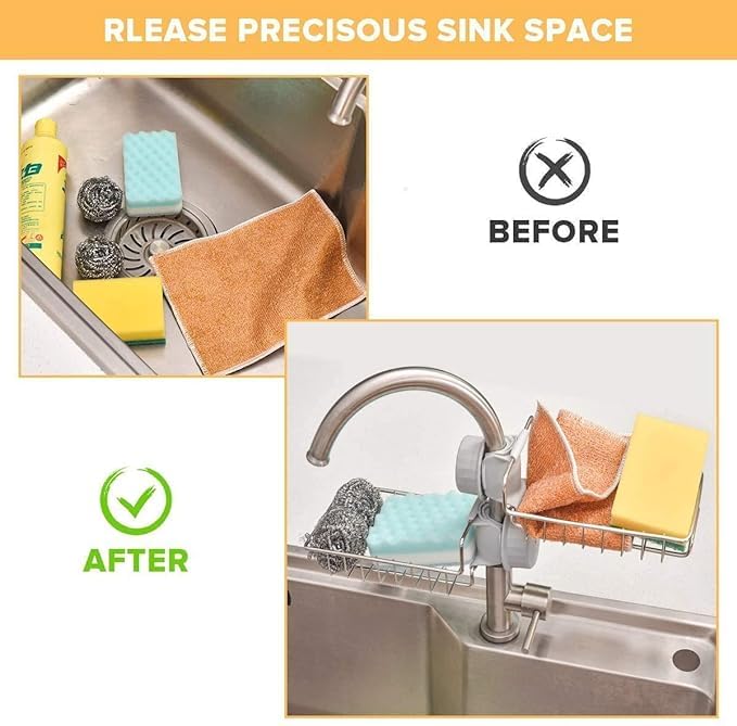 BKQPTL Stainless Steel Kitchen Sink Faucet Sponge Holder Caddy Organizer Over,Detachable no Suction Cup Bathroom soap Holder,Heavy Duty Thickening Hanging Drain Rack for scrubbers, soap, Bathroom - Image 4