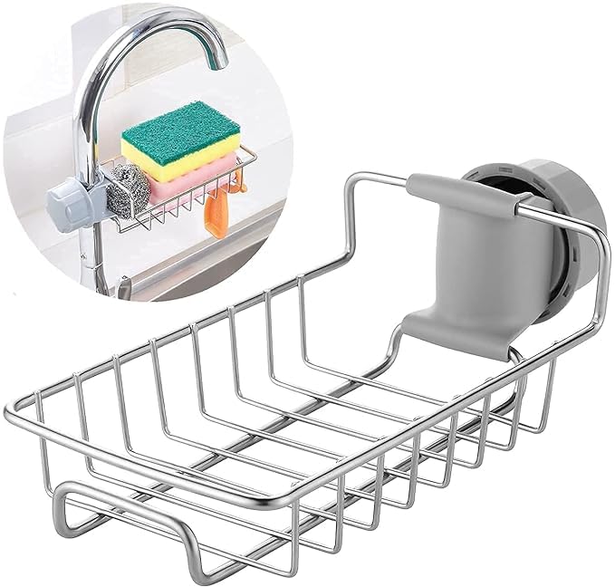BKQPTL Stainless Steel Kitchen Sink Faucet Sponge Holder Caddy Organizer Over,Detachable no Suction Cup Bathroom soap Holder,Heavy Duty Thickening Hanging Drain Rack for scrubbers, soap, Bathroom - Image 1