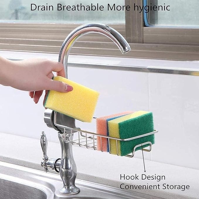 BKQPTL Stainless Steel Kitchen Sink Faucet Sponge Holder Caddy Organizer Over,Detachable no Suction Cup Bathroom soap Holder,Heavy Duty Thickening Hanging Drain Rack for scrubbers, soap, Bathroom - Image 5