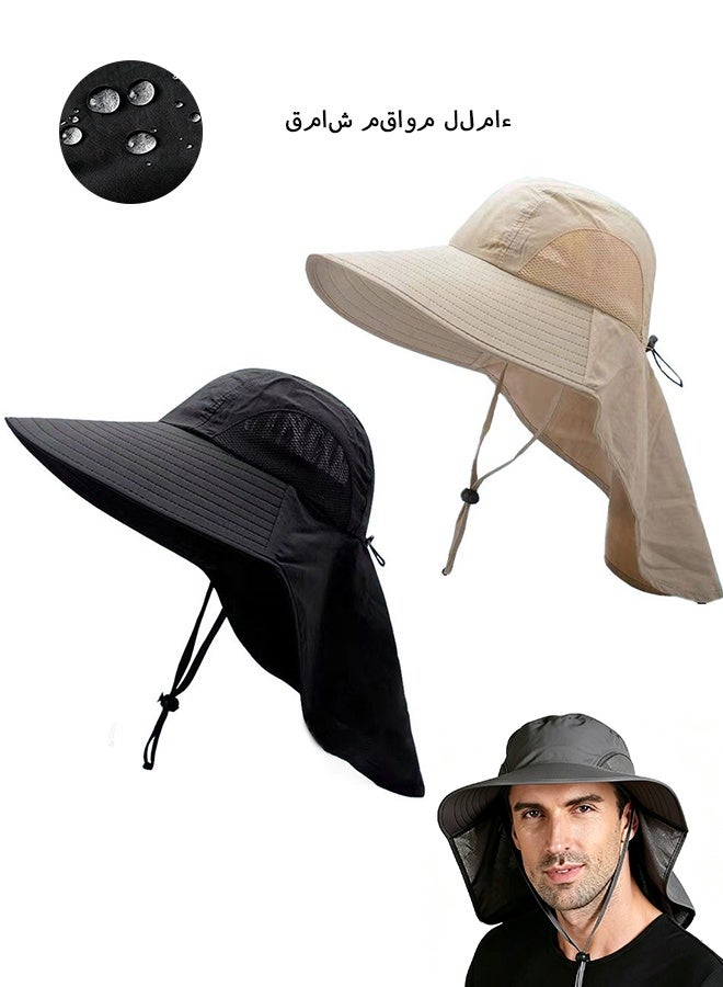 2Pcs Outdoor men's Sun Hat With 50+UPF Protection, Wide Brimmed Neck Collar, UV Resistant Fishing Hat (Khaki/Black) - Image 1