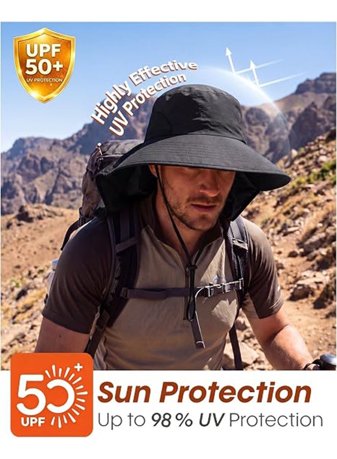 2Pcs Outdoor men's Sun Hat With 50+UPF Protection, Wide Brimmed Neck Collar, UV Resistant Fishing Hat (Khaki/Black) - Image 2
