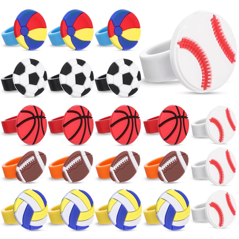 Chalyna 24 Packs Ball Rubber Rings Soccer Football Baseball Basketball Volleyball Beach Ball Cupcake Topper for Kids Party Favors Supplies - Image 3
