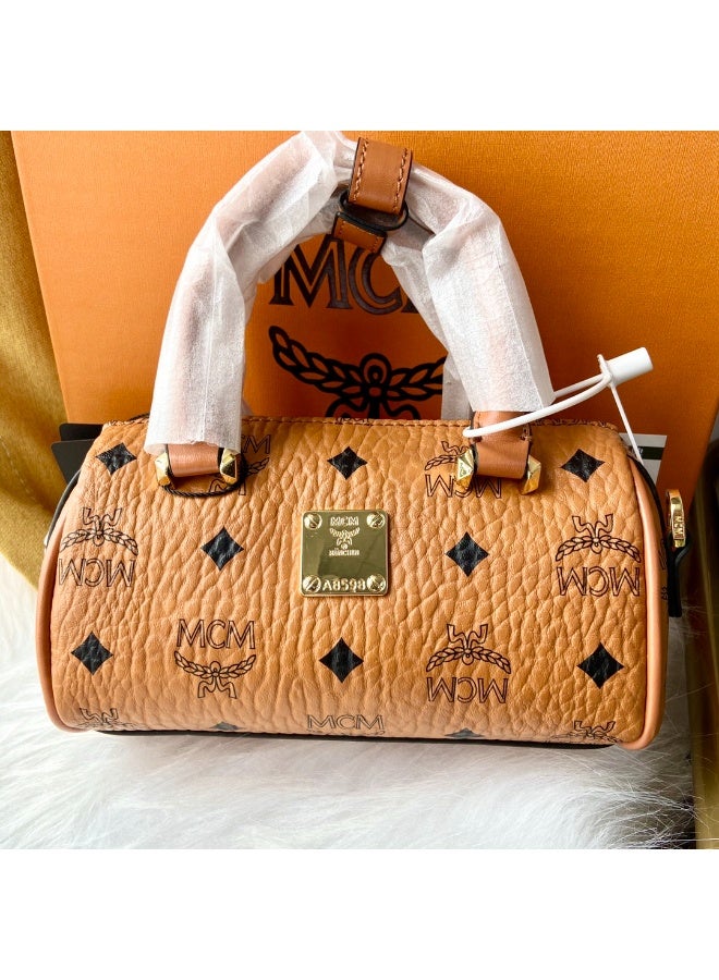 MCM Brown Monogrammed Mini Boston Bag with Top Handle and Gold-tone Hardware