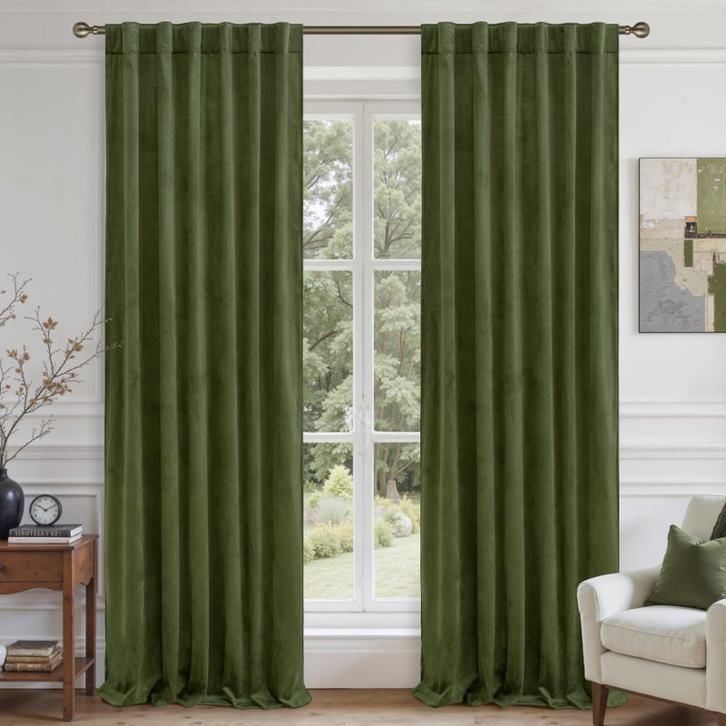 LAMIT Sage Green Velvet Curtains 84 Inch Length for Living Room, Super Soft Thermal Insulated Room Darkening Panels Privacy Back Tab and Rod Pocket Spring Drapes for Bedroom, 2 Panels, 52 x 84 Inch - Image 1