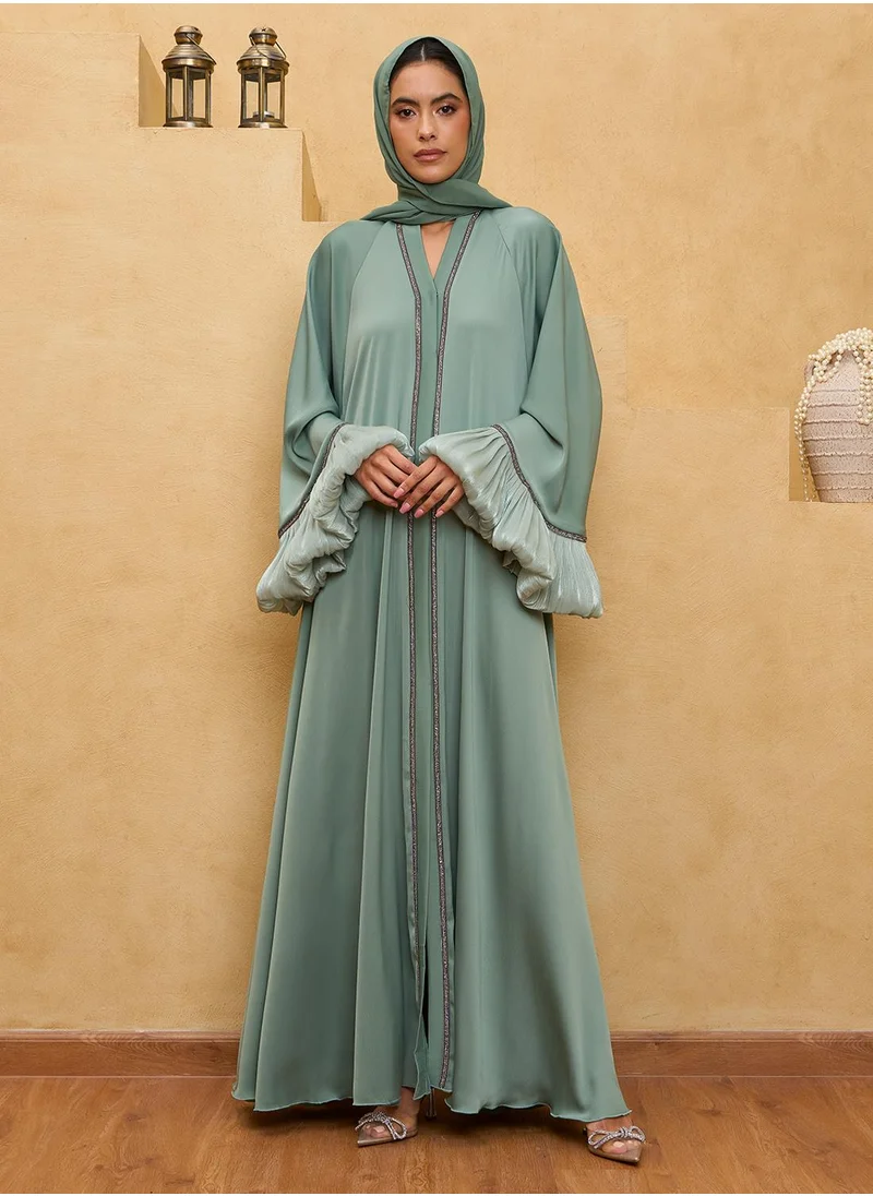 كوتور لابس Green Flounce Sleeve Abaya with Sheila and Belt