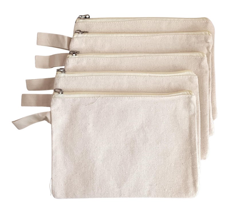 GOLD LEAF Multi-Purpose A5 Beige Cosmetics Bag with Zipper Cotton Canvas Makeup Pouches Travel Toiletry Bag Pen Pencil Bag Blank DIY Craft Bag. (Pack of 5Pcs) - Image 1