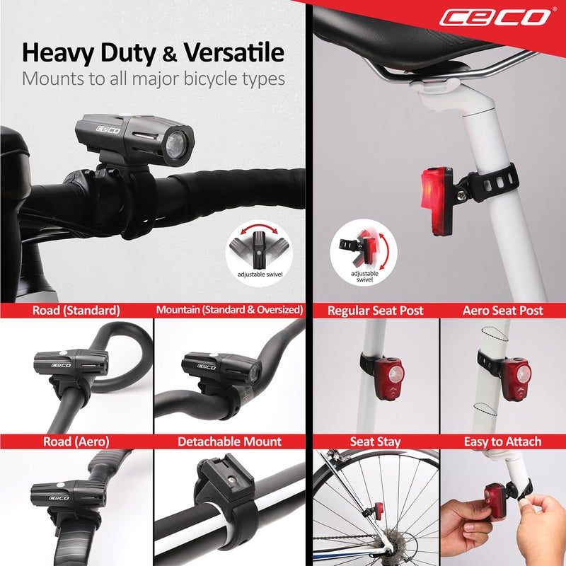 CECO-USA: 1,000 Lumen Headlight & 100 Lumen Tail Light Combo Pack for Cyclists who Want to See far & to be seen from afar. Brightest USB Rechargeable Bike Light Set Available for All Cyclists - Image 5