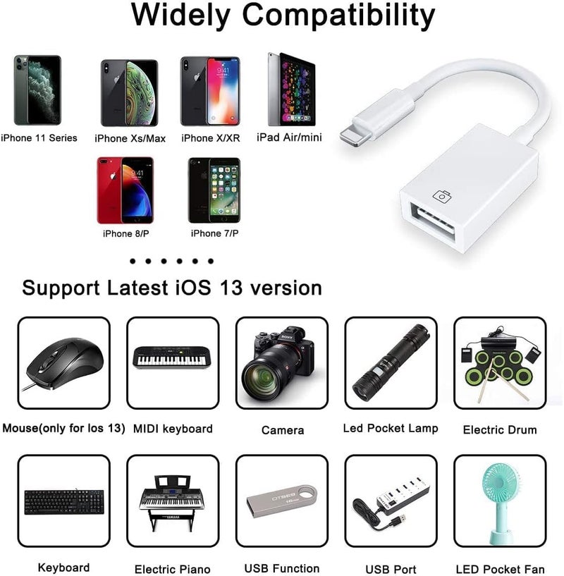Kanget® Lightning to USB Camera Adapter for iOS | Female USB 3.0 OTG Cable | Connect Camera, Flash Drive, Card Reader, MIDI Keyboard, Mouse | iPhone & iPad Compatible - Image 2