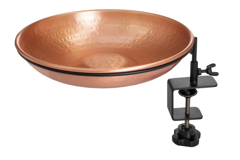 Monarch Abode Pure Copper Hand Hammered Deck Mounted Bird Bath and Feeder wIron Clamp 175inch Detachable Iron Clamp Outdoor Birdbath and Birdfeeder for Garden Patio Deck Bird Water Feeder