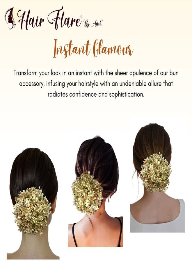 Ansh Gilded Floral Hair Juda Bun, Golden and Green bun adorned with glossy artificial flowers, beads, and pollen. Includes Juda pins_2828 - Image 4