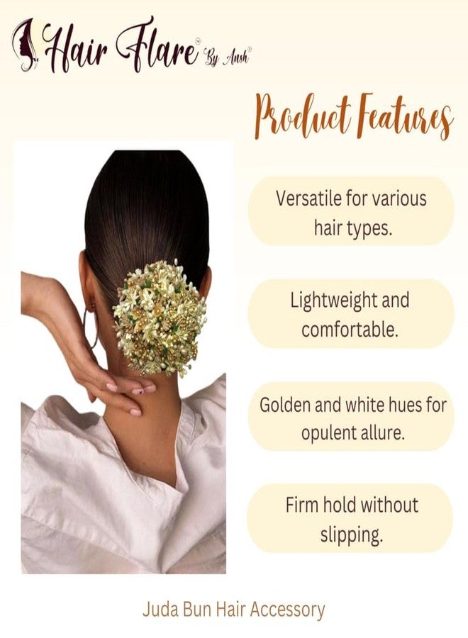 Ansh Gilded Floral Hair Juda Bun, Golden and Green bun adorned with glossy artificial flowers, beads, and pollen. Includes Juda pins_2828 - Image 2