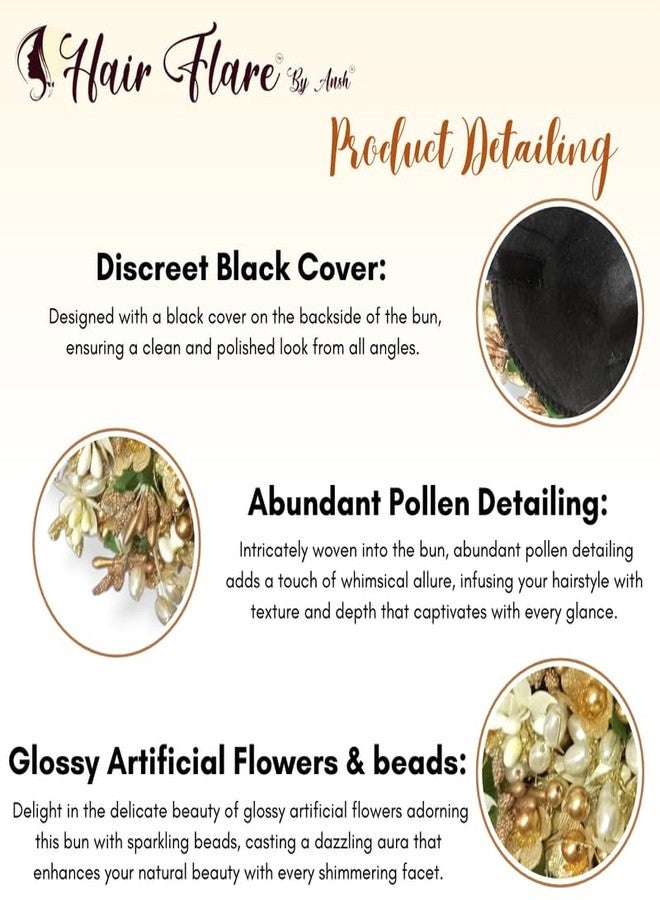 Ansh Gilded Floral Hair Juda Bun, Golden and Green bun adorned with glossy artificial flowers, beads, and pollen. Includes Juda pins_2828 - Image 3