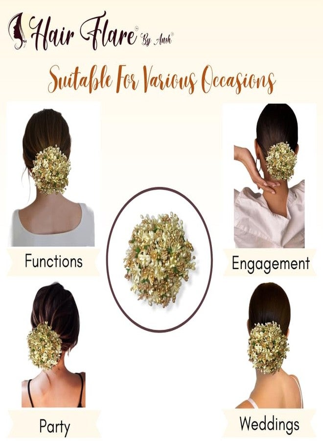 Ansh Gilded Floral Hair Juda Bun, Golden and Green bun adorned with glossy artificial flowers, beads, and pollen. Includes Juda pins_2828 - Image 5