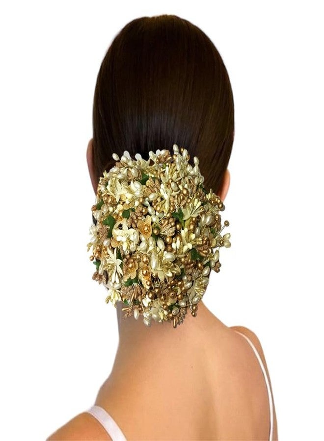 Ansh Gilded Floral Hair Juda Bun, Golden and Green bun adorned with glossy artificial flowers, beads, and pollen. Includes Juda pins_2828 - Image 1