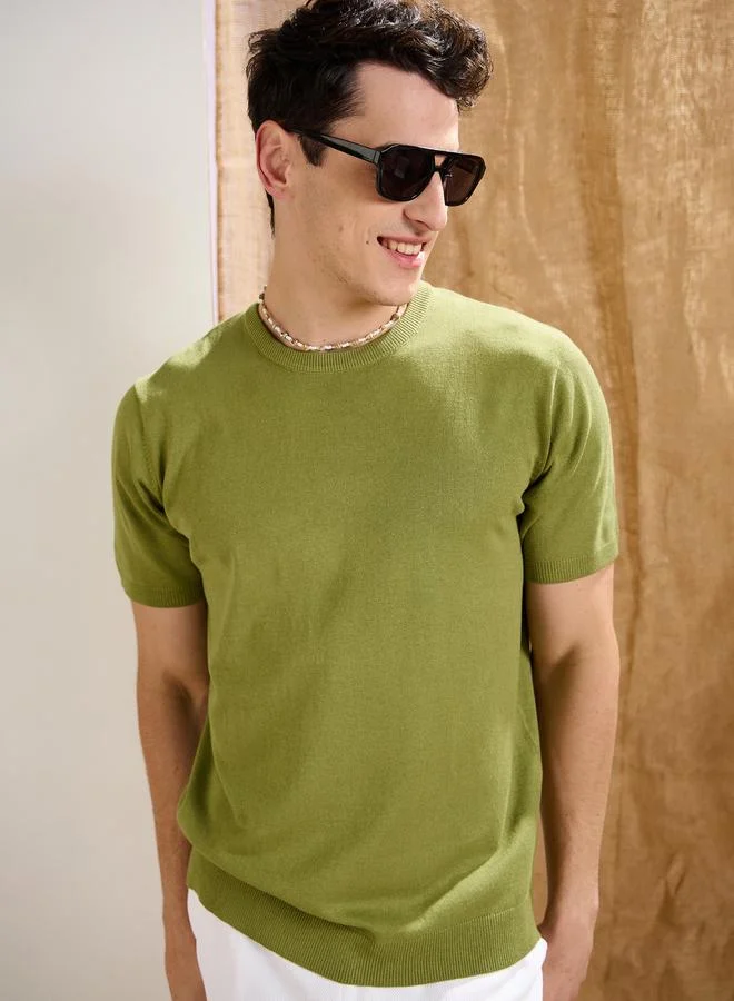 ساسافراس تيشيرت ساسافراس زيتوني بياقة دائرية من الكتان الفاخر