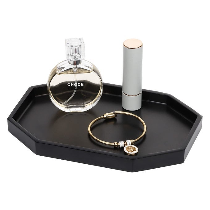 8 SMALL OCTAGON BATHROOM VANITY TRAY RESIN DECORATIVE PERFUME TRAY JEWELRY RING DISH TRAYVANITY TRAY FOR BATHROOM CANDLE PERFUME SOAP SHAMPOO BLACK
