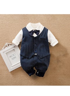Generic Newborn Baby Boy Onesie, Navy Blue Pinstripe Suit with Bowtie, 1-Piece Set for 0-3 Months (Height 52-59cm), Perfect Eid Outfit  - Image 1