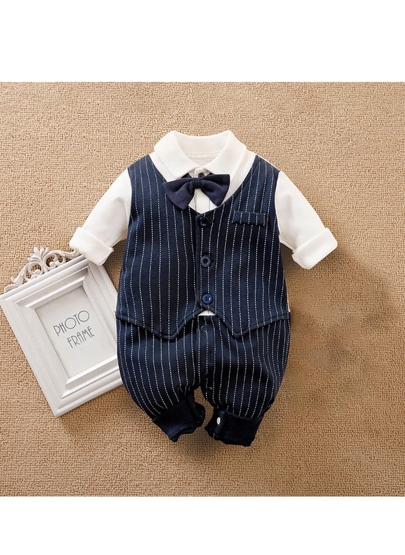 Generic Newborn Baby Boy Onesie, Navy Blue Pinstripe Suit with Bowtie, 1-Piece Set for 0-3 Months (Height 52-59cm), Perfect Eid Outfit  - Image 1