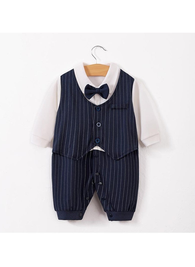 Generic Newborn Baby Boy Onesie, Navy Blue Pinstripe Suit with Bowtie, 1-Piece Set for 0-3 Months (Height 52-59cm), Perfect Eid Outfit  - Image 2