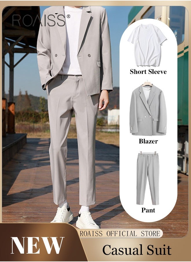 roaiss Mens Suits 3 Piece Regular Slim Fit Leisure Suit for Men with Double Breasted 1 Button Notched Neck Business Casual Formal Blazers T Shirt and TrouserSet  - Image 1