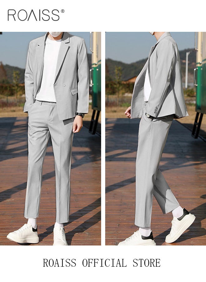 roaiss Mens Suits 3 Piece Regular Slim Fit Leisure Suit for Men with Double Breasted 1 Button Notched Neck Business Casual Formal Blazers T Shirt and TrouserSet  - Image 2