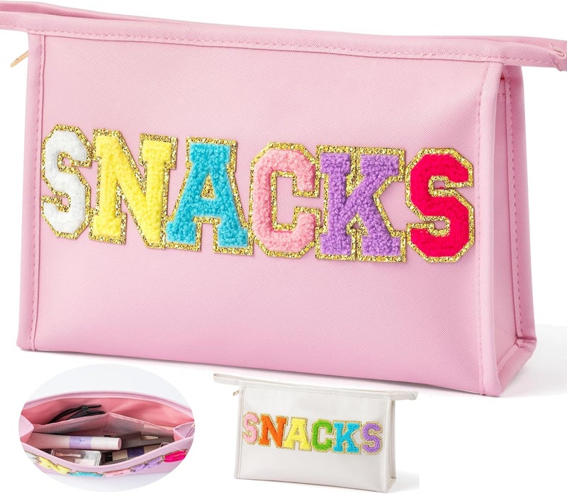 Y1tvei Y1tvei Large SNACKS Bag Pouch - Colorful Snacks Chenille Letter Zipper Pouch for Travel, PU Leather Makeup Bag, Large Waterproof Portable Cosmetic Bags, Flat Pouch Travel Organizer for Women(Pink) 