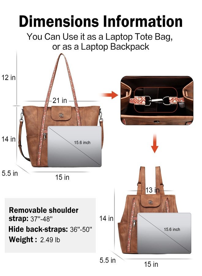 FADEON Large Laptop Tote Bag for Women Designer Leather Laptop Bag Fashion Travel Backpack Purse Shoulder Handbag Brown - Image 4
