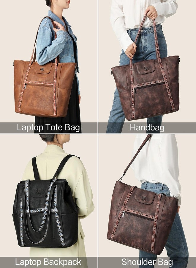 FADEON Large Laptop Tote Bag for Women Designer Leather Laptop Bag Fashion Travel Backpack Purse Shoulder Handbag Brown - Image 2