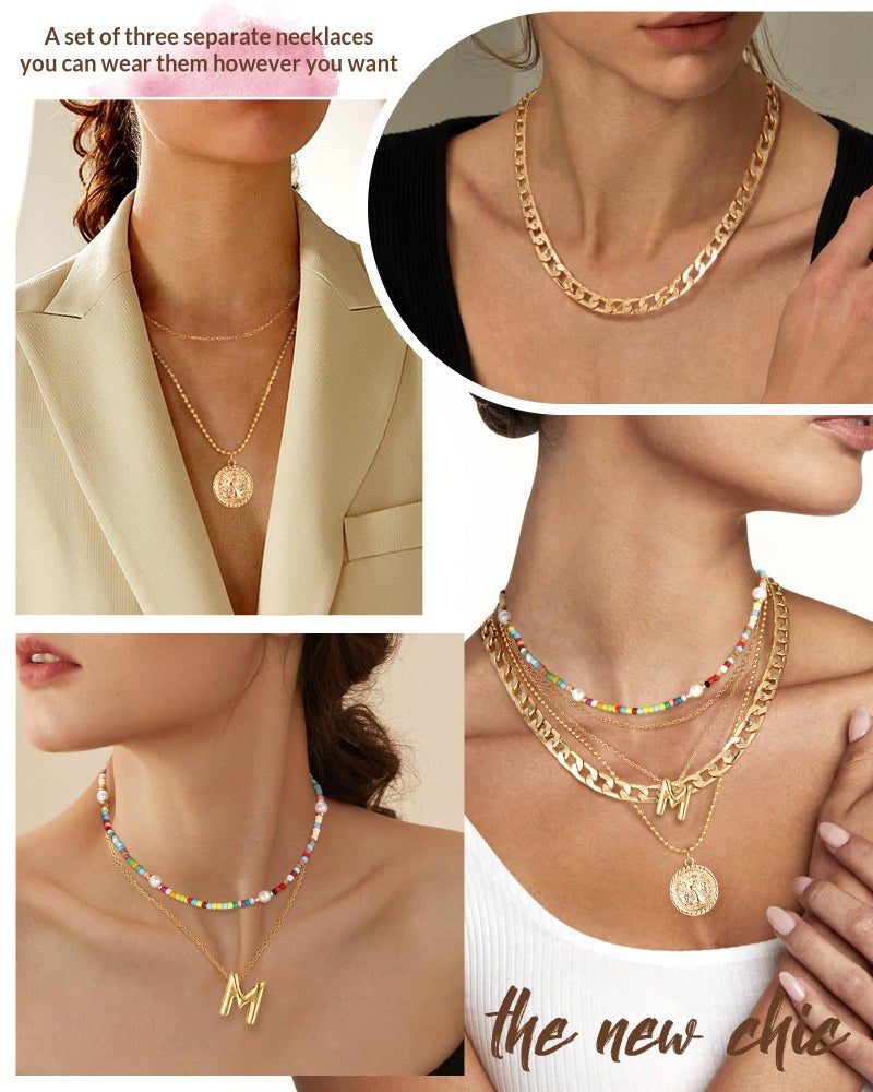 MJartoria Gold Layered Necklaces for Women Trendy Balloon Initial Pendant Necklace Dainty Chunky Chain Beaded Choker Necklaces Jewelry Birthday Gifts (S, Gold) - Image 3