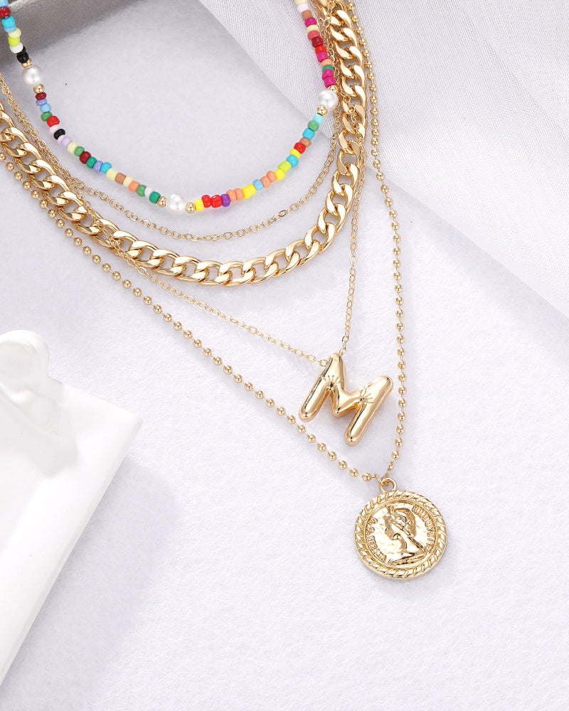 MJartoria Gold Layered Necklaces for Women Trendy Balloon Initial Pendant Necklace Dainty Chunky Chain Beaded Choker Necklaces Jewelry Birthday Gifts (S, Gold) - Image 4