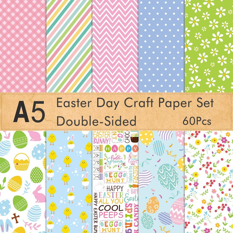 FEPITO 60 Pcs Easter Decorative Paper Set A5 Size Craft Paper for Easter Card Making Scrapbook Decoration, Double Side 10 Patterns - Image 1