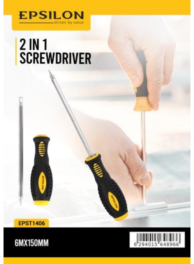 Epsilon 2-in-1 Screwdriver 6 x 150mm - EPST1406 | Double-Sided Interchangeable Phillips & Slotted Tips | Anti-Rust Steel | Ergonomic Grip Handle | Black & Yellow - Image 4