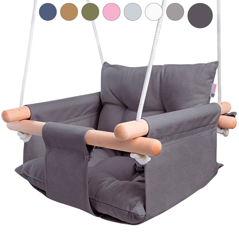CaTeam  Canvas Baby Swing Wooden Hanging Swing Seat Chair with Safety Belt Durable Baby Swing Chair Outdoor and Indoor Swing for Kids Mounting Hardware Included Dark Gray