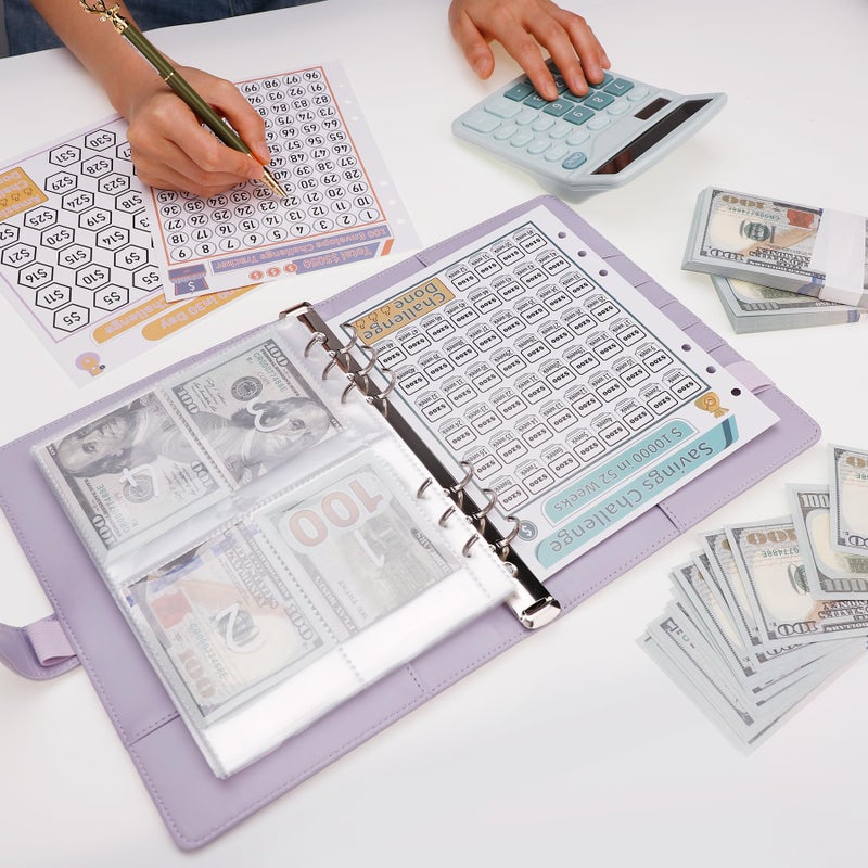 Antner 100 Envelopes Challenge Binder Savings Challenges Book to Save $5,050 and $500 and $10,000, A5 Money Saving Planner Budget Binder with Cash Envelopes, Purple - Image 5