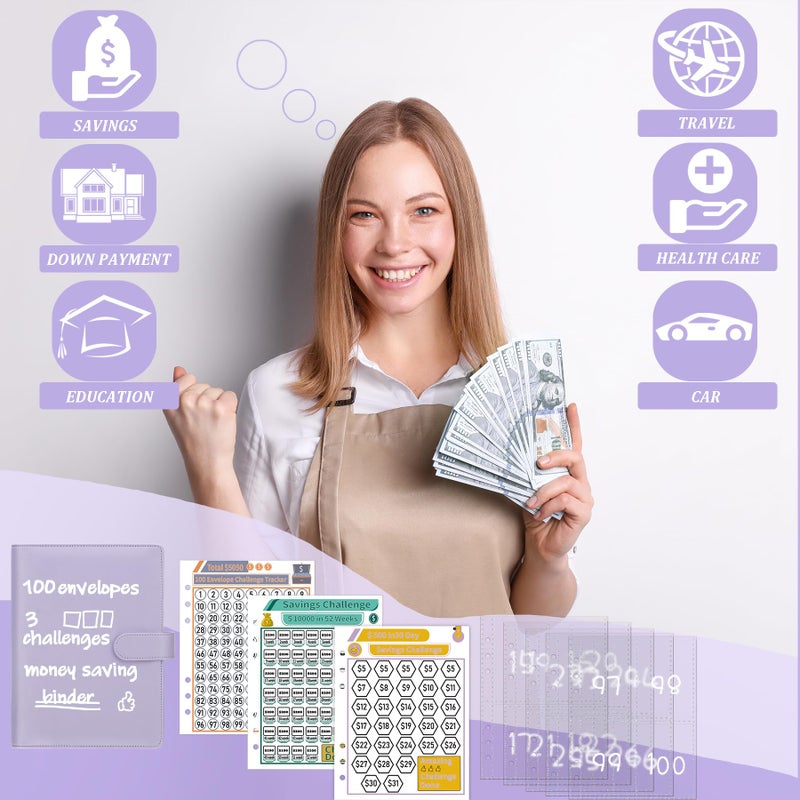 Antner 100 Envelopes Challenge Binder Savings Challenges Book to Save $5,050 and $500 and $10,000, A5 Money Saving Planner Budget Binder with Cash Envelopes, Purple - Image 2