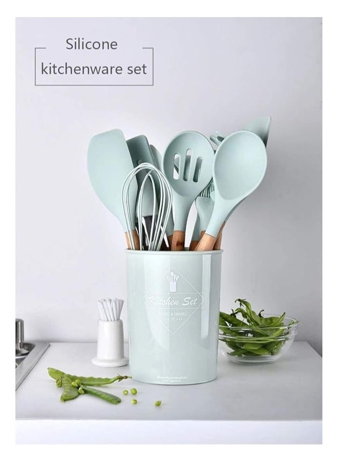 Silicone - 12 Piece Silicone Kitchen Utensils Set, Heat Resistant Spatula, Wooden Spatulas, Non-Stick Cooking Utensils (Light Green) - Image 1