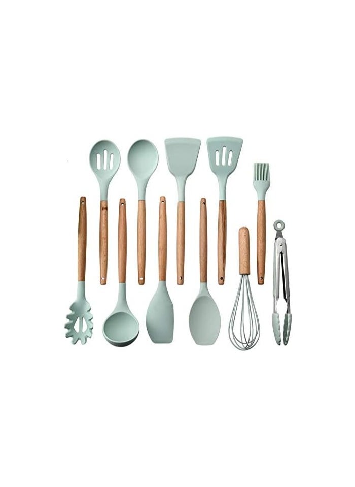 Silicone - 12 Piece Silicone Kitchen Utensils Set, Heat Resistant Spatula, Wooden Spatulas, Non-Stick Cooking Utensils (Light Green) - Image 1